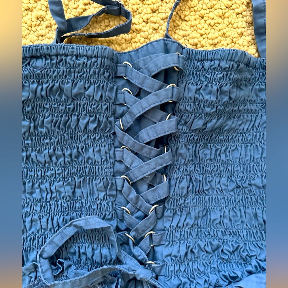 American Eagle Chic Blue Lace-Up Smocked Crop Top - Picture 2 of 4